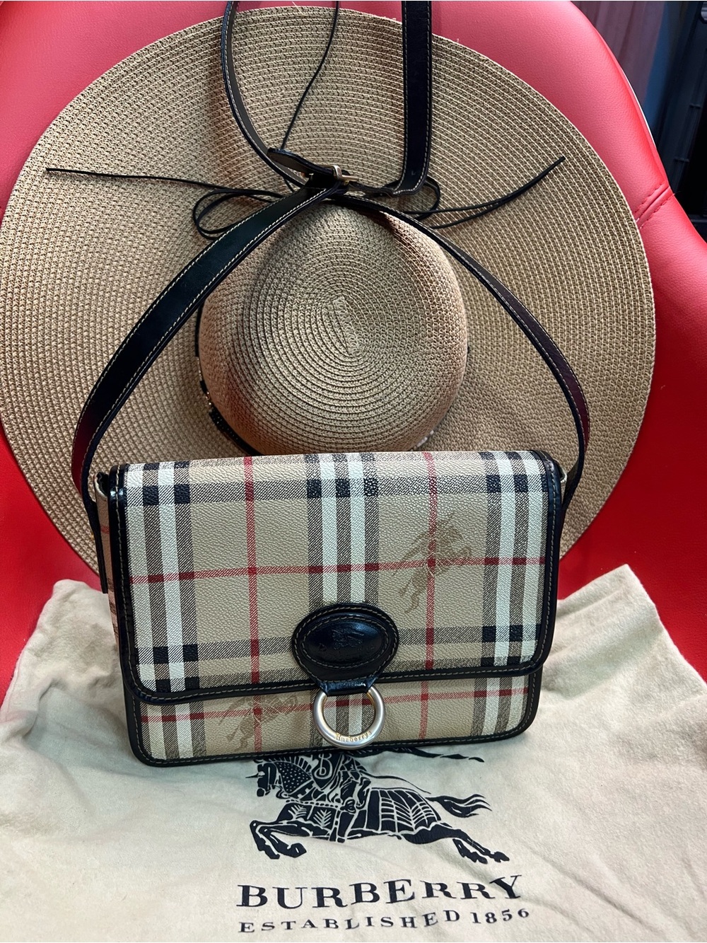Burberry Beige & Black Check Crossbody with Red Accents
